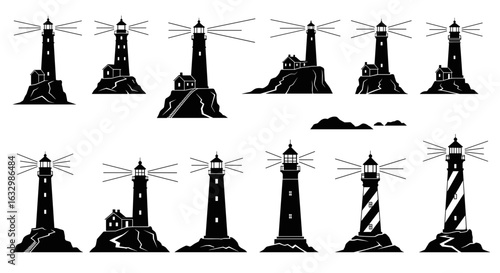 Collection of lighthouse silhouettes vector illustration, isolated on white background
