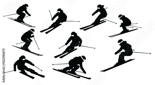 Silhouette skiers gliding down snow covered mountain slope in action