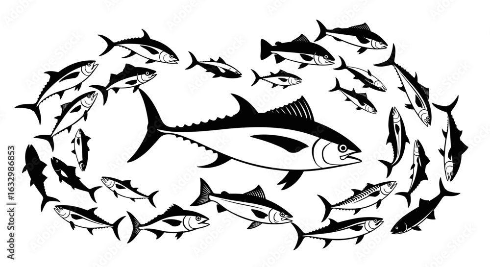 Obraz premium Tuna school encircling a large specimen, a monochrome vector illustration.