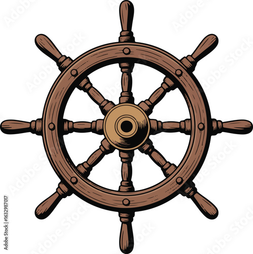 Pirate Ship Wheel Halftone Grunge Vector Element Vintage Nautical Steering Wheel Illustration