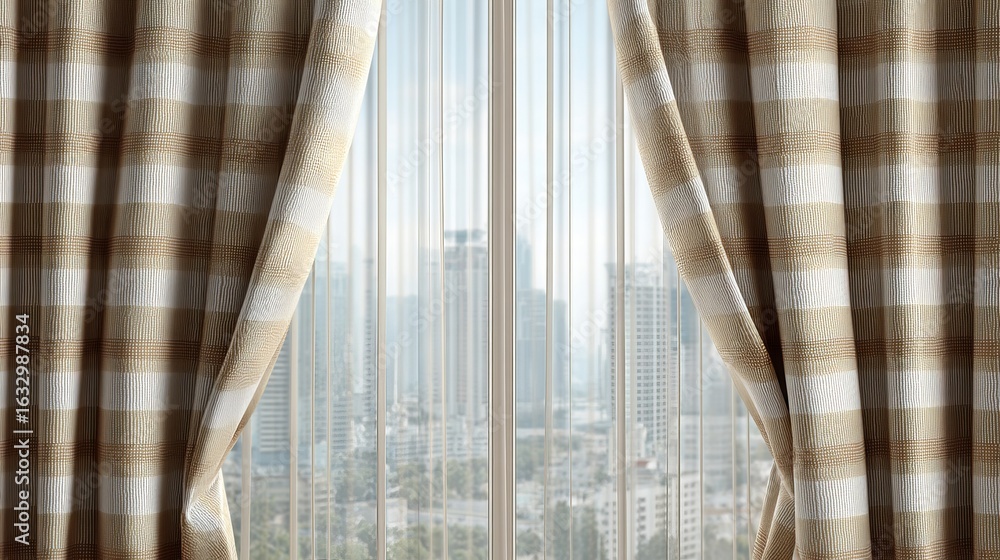Naklejka premium Light streams through checked curtains, revealing a city view beyond with tall buildings and a bright sky.