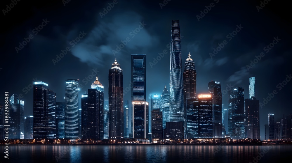 Naklejka premium Vibrant cityscape at night with illuminated skyscrapers reflecting on still water under a dark cloudy sky