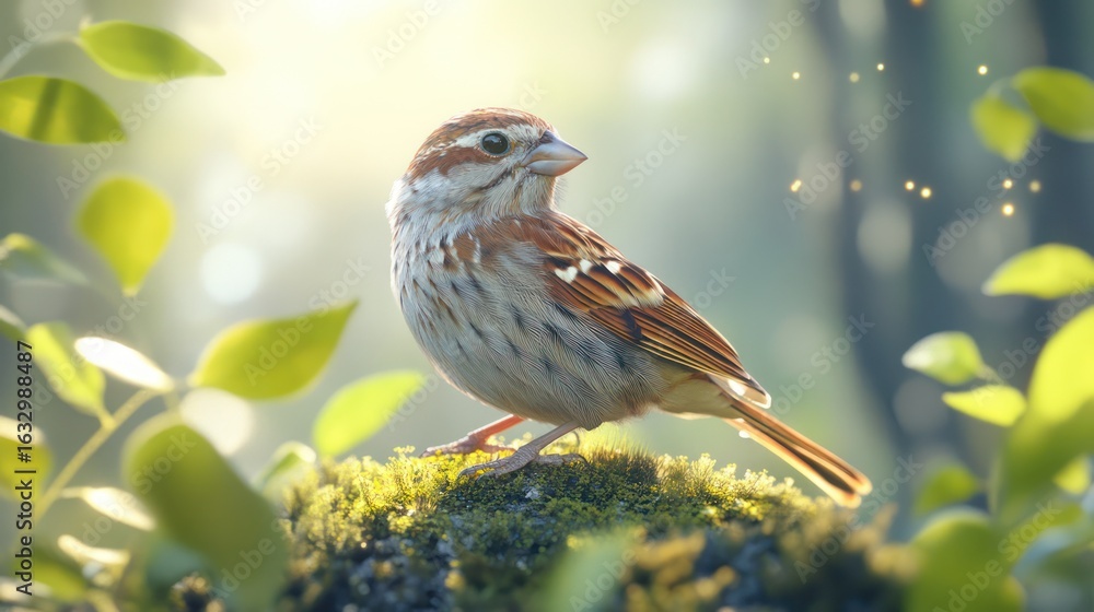 Fototapeta premium Sunlit Sparrow Perched on Mossy Branch Amidst Green Foliage in Serene Nature Scene