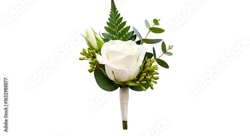 Presents a White Rose Boutonniere with Greenery, Tied with Ribbon, on Transparent Background