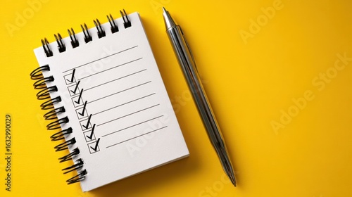 A spiral-bound notepad with a checklist, partially completed, lies beside a shiny metallic pen on a vibrant yellow background, symbolizing tasks.
