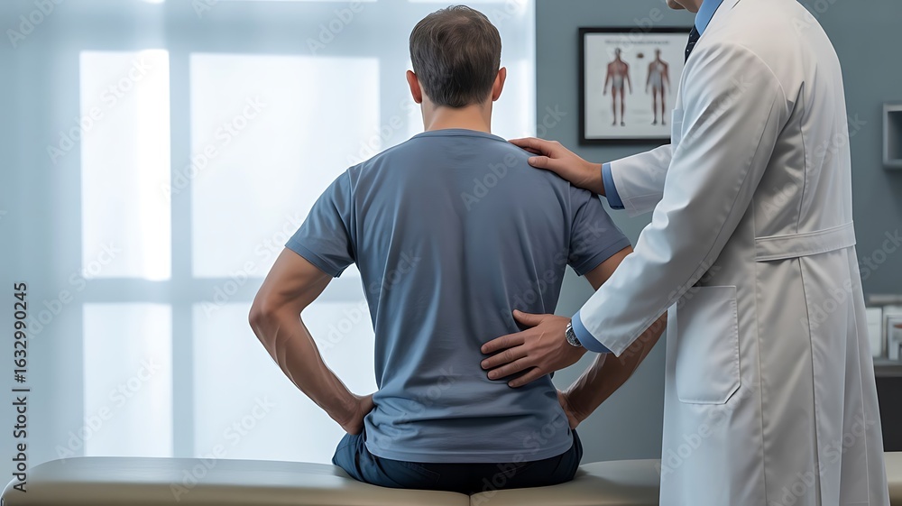 Fototapeta premium Doctor examining patients back for pain, providing medical care and support in a clinic setting, focusing on health, wellness, and treatment of spine problems