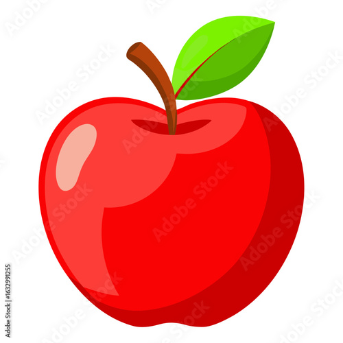 A classic cartoon illustration of a perfectly shiny, red apple with a green leaf and a brown stem. The style is simple, clean, and has a slight gloss effect.
