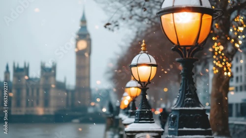 Winter Scene at Westminster with Snow and Warm Lights Illuminating the Thames River in London, England
