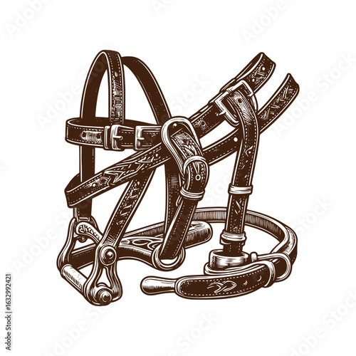 Western Bridle and Stirrup – Black and White Vector Illustration for Tracing and Design Projects
