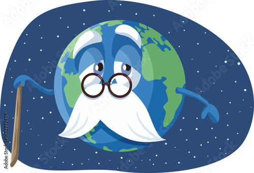 Old Planet Earth with Walking Stick Vector Cartoon. Funny Terra character aging and going trough a degenerative process 