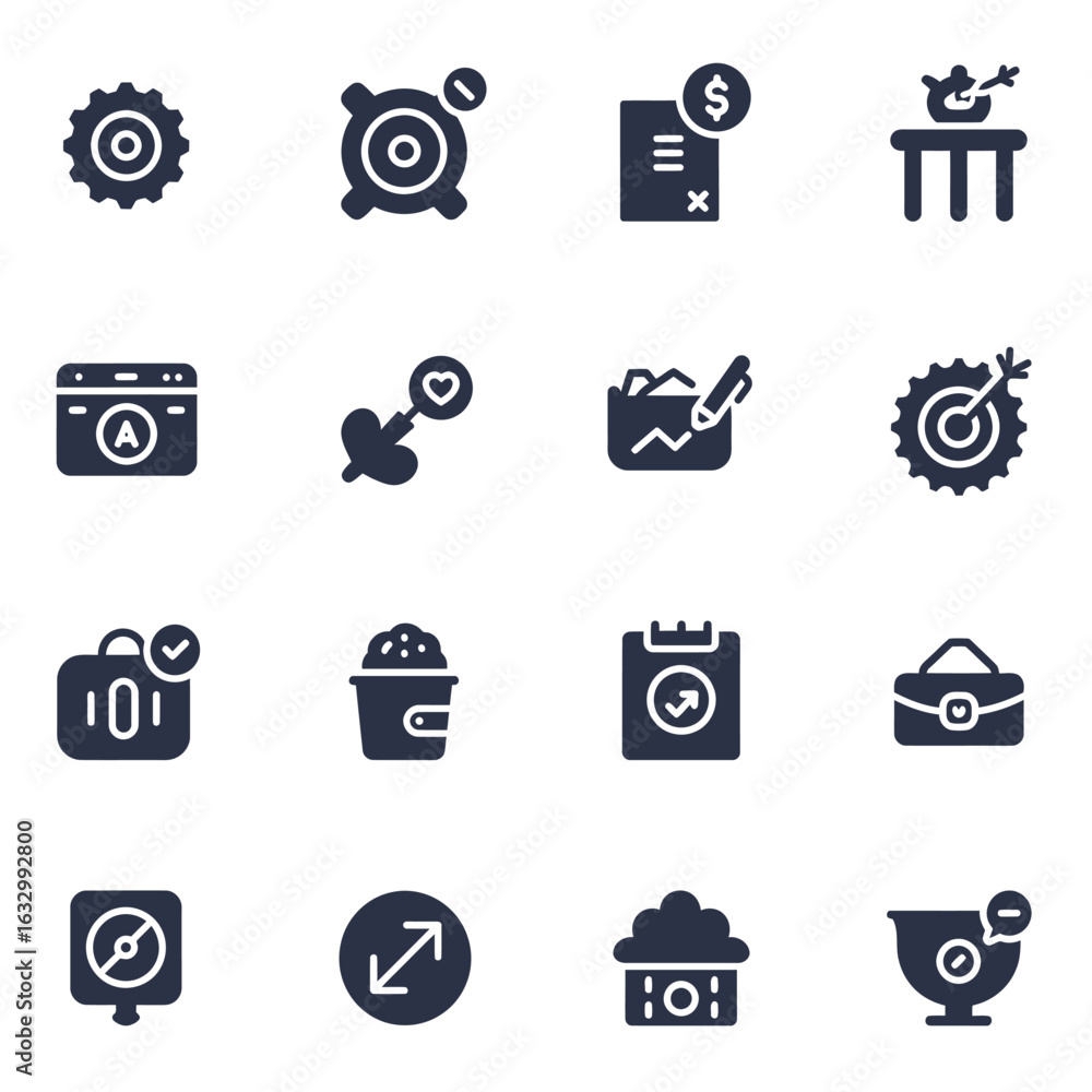 Fototapeta premium A grid of 16 dark blue business and finance icons on a white background