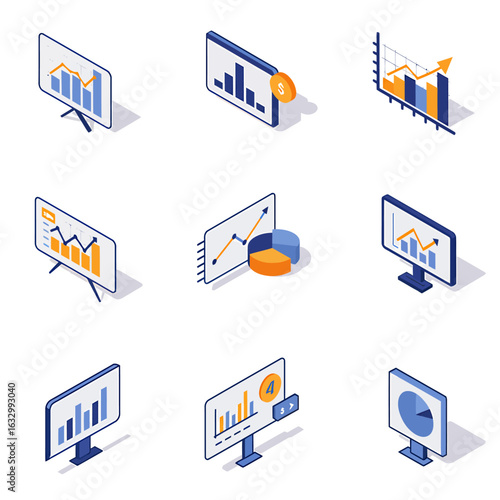 A grid of nine isometric business analytics icons
