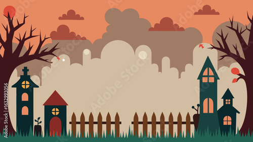 A whimsical, flat-style landscape with a spooky theme. It features a picket fence in the foreground, stylized haunted houses, gnarled trees, and a hazy sky with a setting sun.