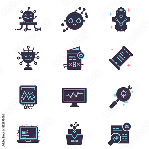 A grid of twelve dark purple icons with light blue and pink accents depicting technological and scientific concepts