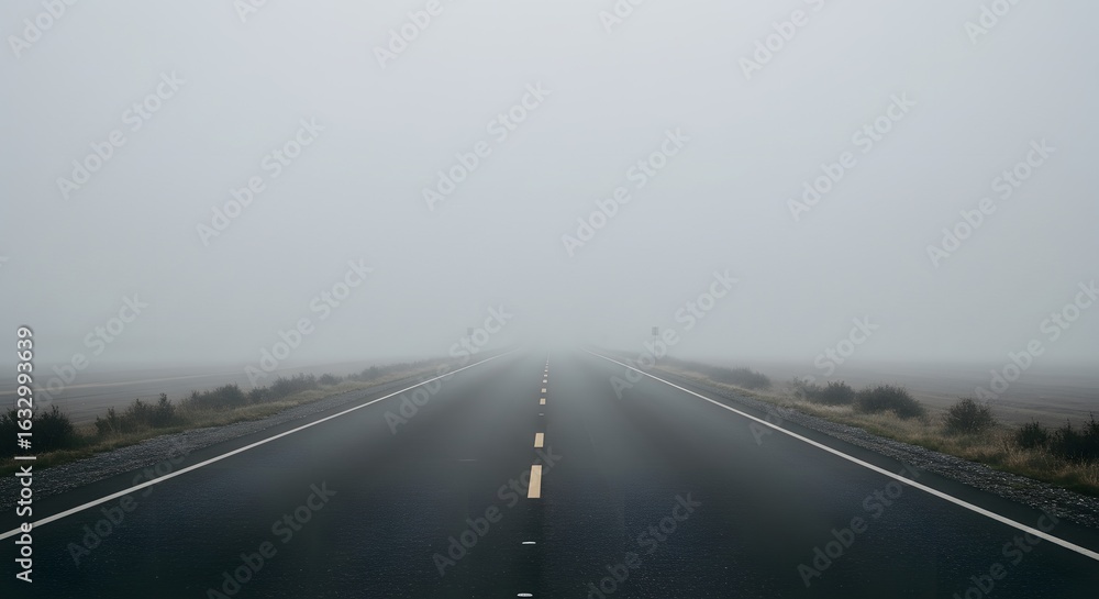 Fototapeta premium An empty asphalt road disappearing into thick, dense fog.