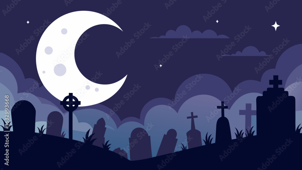 Naklejka premium A cartoonish graveyard scene at night, with various gravestones and a large crescent moon in a sky filled with clouds and stars, giving it a spooky atmosphere.