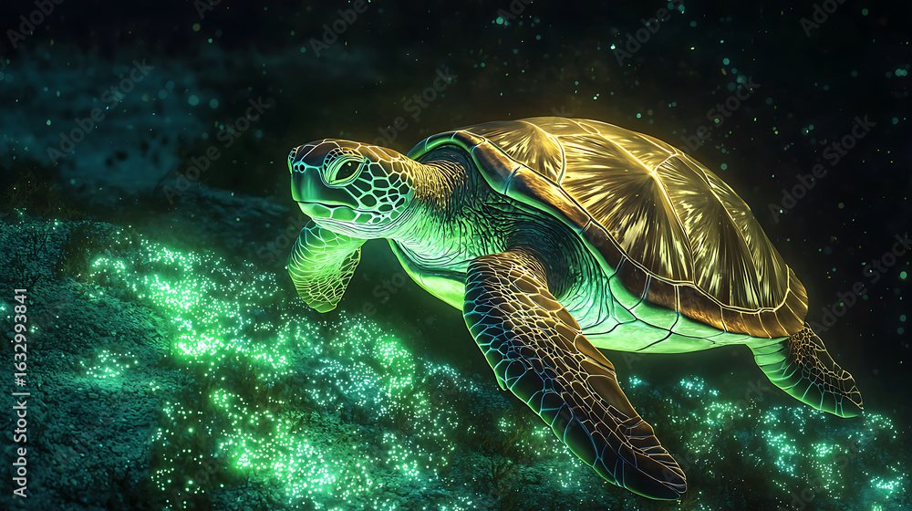 Obraz premium A turtle is swimming in the ocean with glowing green water