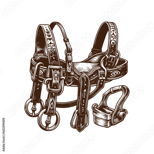 Western Bridle and Stirrup – Black and White Vector Illustration for Tracing and Design Projects