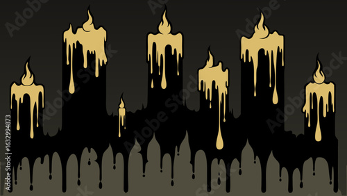 An array of black, stylized candles with dripping, golden yellow wax against a dark backdrop, evoking a spooky or eerie ambiance.