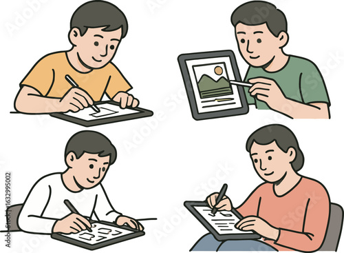 A Set of Cartoon Illustrations of People Creating Digital Art on Graphics Tablets