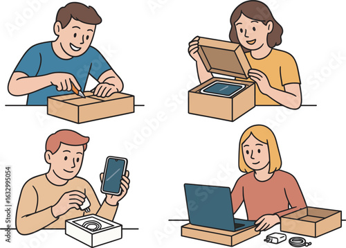 A Set of Cartoon Illustrations of People Unboxing New Electronic Gadgets like Laptops and Smartphones