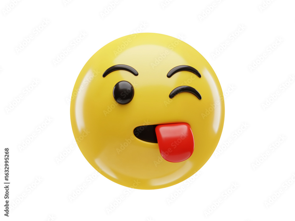 Fototapeta premium Playful yellow emoji face with one eye winking and tongue sticking out in a silly expression isolated on transparent background