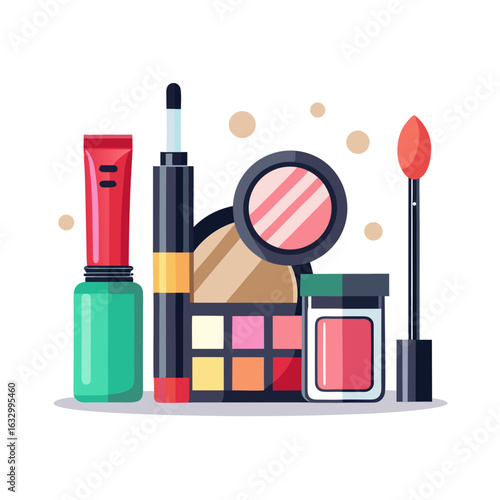 Makeup Tools Vector Set — Lipstick, Brushes, Eyeshadow Palette, Mascara, Nail Polish on White Background