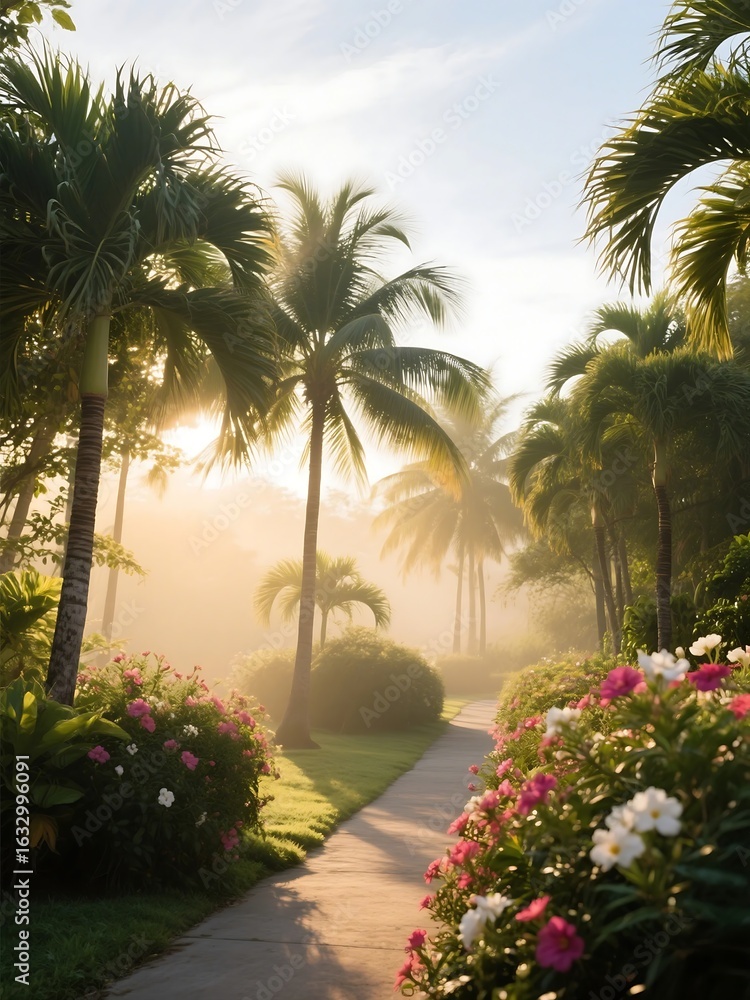 Fototapeta premium A peaceful morning begins with sunlight slipping through the palm trees and flowers gently waking along the path