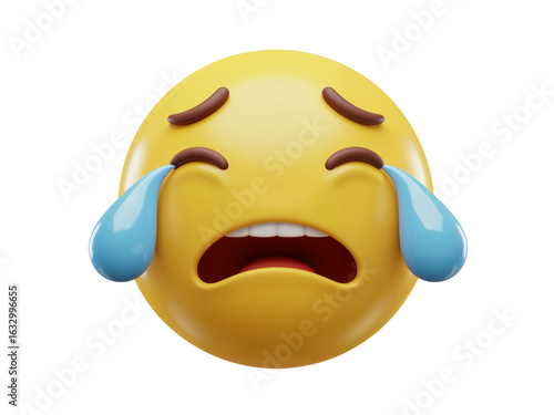 A distressed yellow emoji face with tears streaming down its cheeks and an open mouth expressing sadness and despair isolated on transparent background
