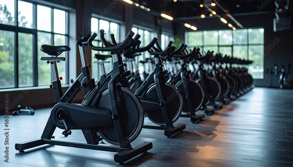 Fototapeta premium Gym Equipment: An indoor fitness setting showcasing a row of modern exercise bikes, bathed in natural light, ready for an invigorating workout.