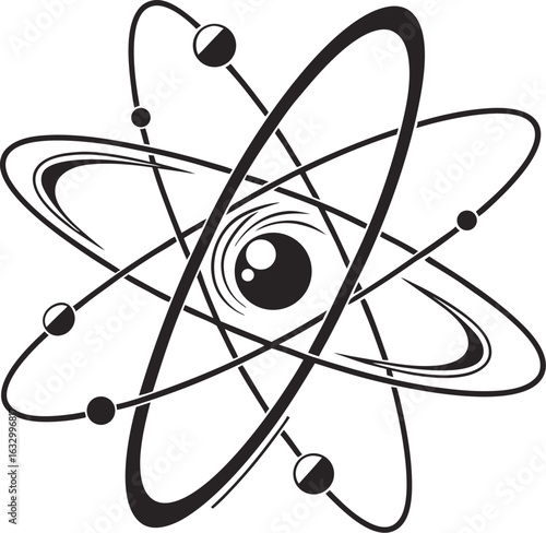 Atomic structure with central eye symbol and orbiting spheres science nucleus style vector illustration EPS file download