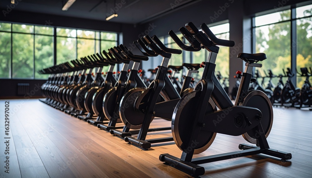 Fototapeta premium Spin Bikes in Modern Studio: A row of spin bikes stands ready, evoking a sense of energy and focus. The modern studio is flooded with natural light.