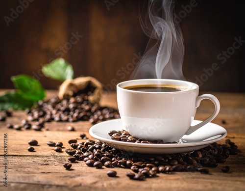 원두 위에 놓인 따뜻한 한 잔의 커피 Cup of Hot Coffee with Coffee Beans on Wooden Table