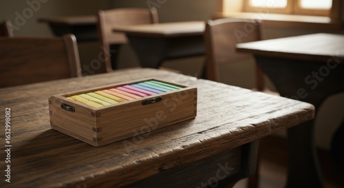 Wallpaper Mural Colorful chalks in a wooden box on a classroom table Torontodigital.ca