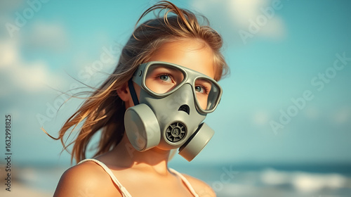 Young girl sunbathing on the beach wearing a gas mask on her face, Environmental pollution concept.