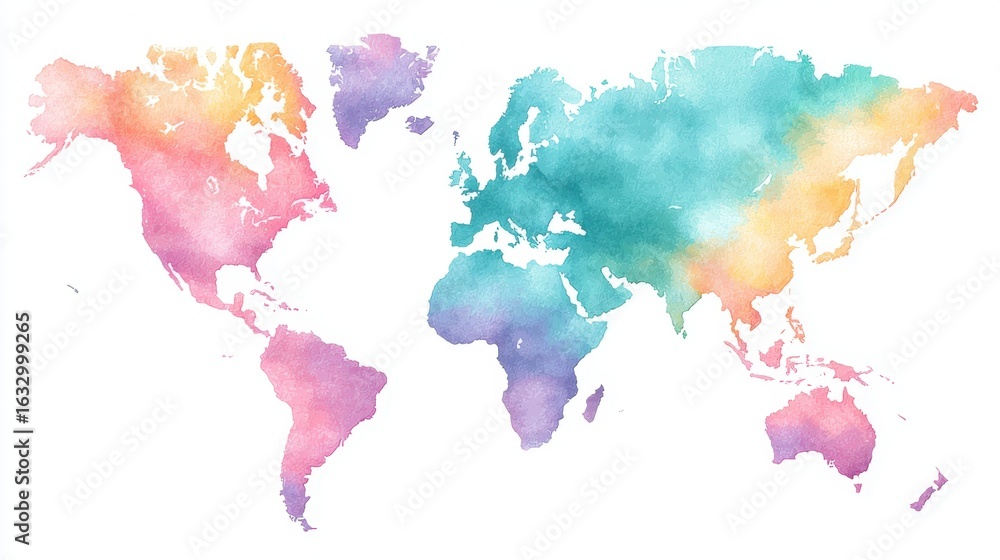 Obraz premium A vibrant watercolor depiction showcases the world map, highlighting continents with colorful hues and artistic brushstrokes against a white backdrop.