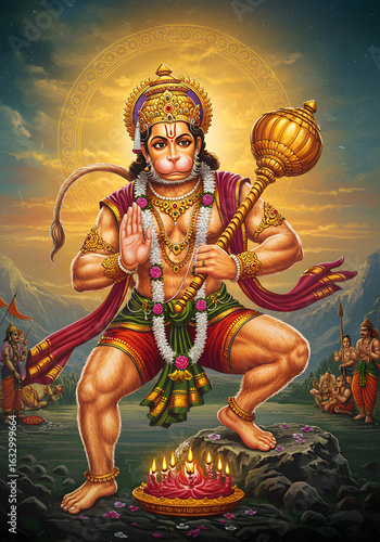 Hanuman Illustration, Hindu Deity, Lord Hanuman, Religious Art, Indian Mythology, Spiritual Figure, God, Divine Power, Hindu God.
