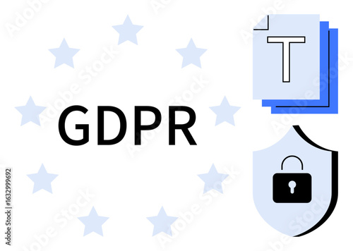 GDPR text surrounded by stars, document icon, shield with lock icon. Ideal for data privacy, compliance, cybersecurity, EU regulations, online security, legal protection simple landing page
