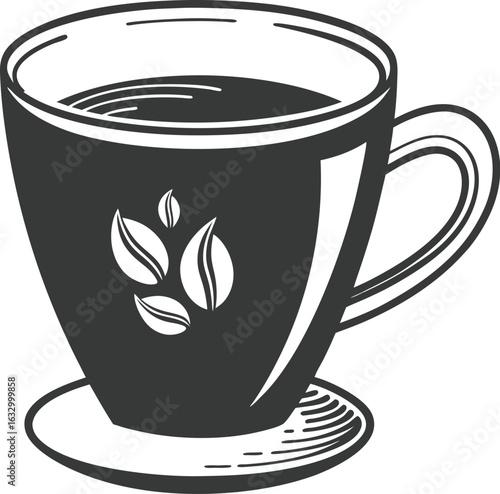 Dark coffee mug with white beans on saucer drink beverage style vector illustration EPS file download