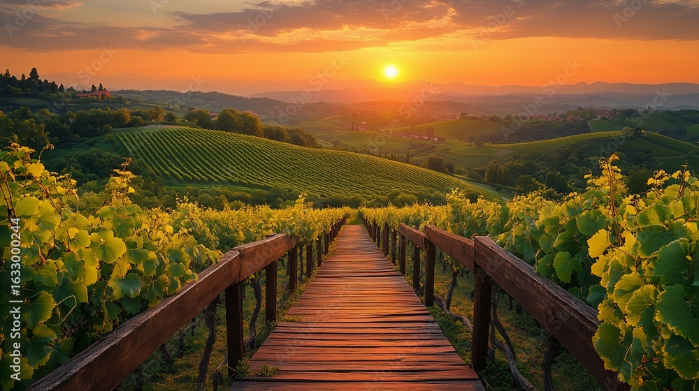 Naklejka premium Wooden Walkway Vineyards Overlooking Rolling Hills Green Grapevines Warm Afternoon Light