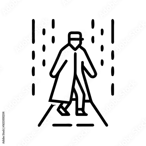 A lone figure confidently strides across a crosswalk under a rain shower. This minimalistic outline evokes feelings of solitude and resilience.