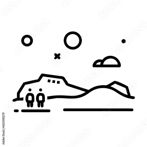 An iconic landscape, rendered with clean lines, featuring a majestic mountain range beneath an expansive sky, and stylized clouds adding depth to the scene.