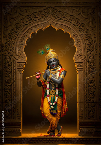 Lord Krishna with Flute, Peacock Feathers, and Ornate Archway, Hindu Deity Illustration.