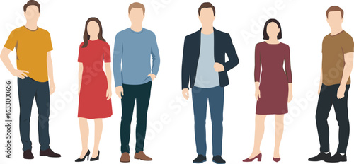 Group of business casual people standing together, flat vector illustration, diverse team, professional dress, teamwork, corporate, isolated background