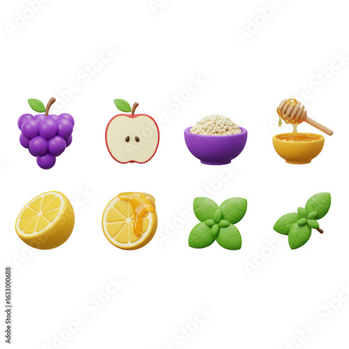 Stock photo of healthy food ingredients grapes apple honey lemon rice and basil art