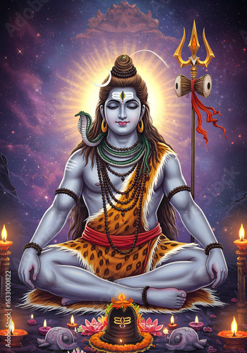Lord Shiva Meditating, Spiritual Divine God, Indian Deity, Hindu Religion, Lotus Pose with Trident and Candles.