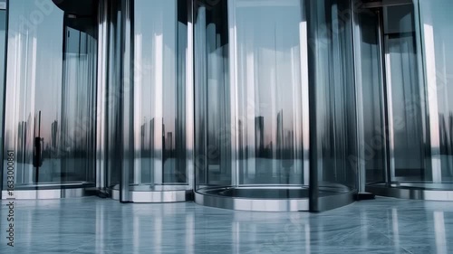 Modern revolving door reflecting the city skyline in the glass panes