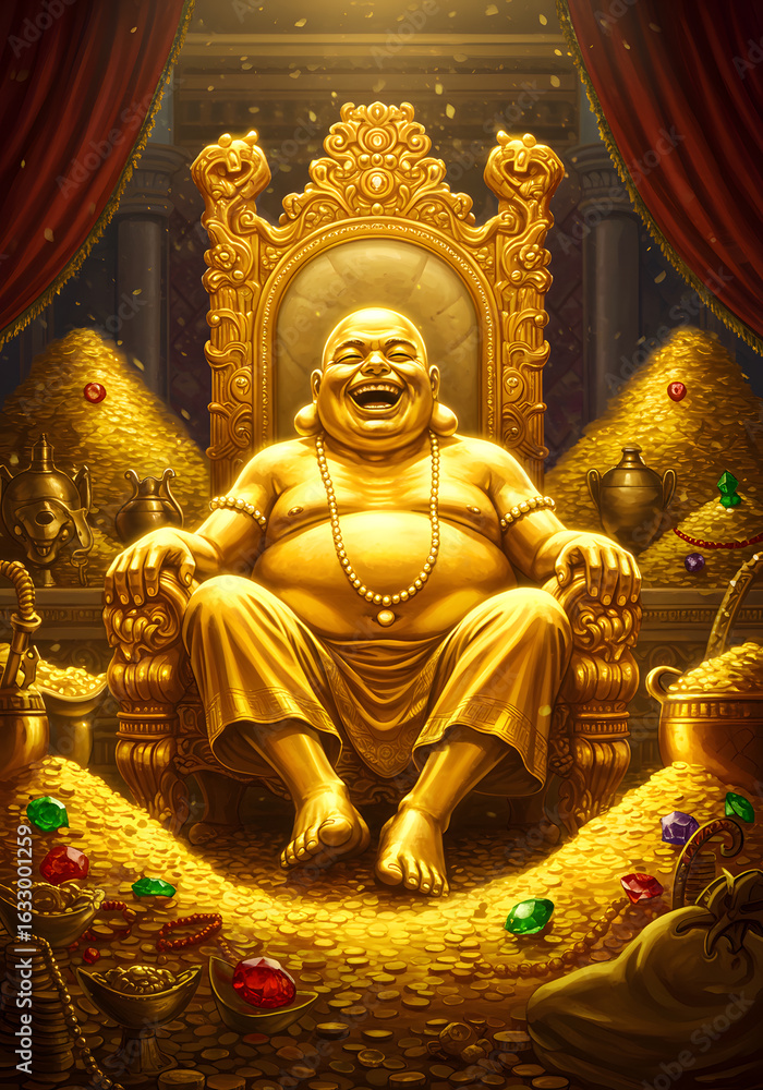 Fototapeta premium Smiling Golden Buddha on Throne, Surrounded by Wealth Gold Coins, Jewelry and Treasures.
