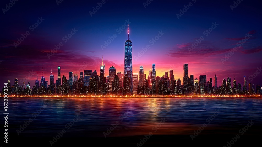 Fototapeta premium Vibrant Pink and Purple Cityscape at Night with Reflective Water