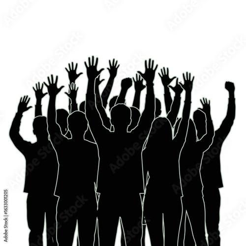 A black silhouette of a large, anonymous crowd of people with their hands and arms raised high.